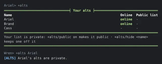 Ariel types +alts and sees Ariel, Brand and Cass, with the footer saying the list is private. Wren then types +alts Ariel and is told Ariel's alts are private.