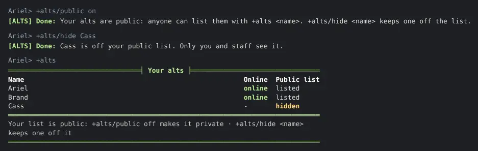 Ariel makes her list public, then hides Cass. Her +alts now shows Ariel and Brand as listed, and Cass as hidden.