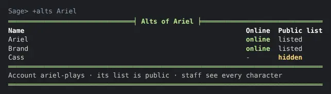 Sage, a member of staff, types +alts Ariel and sees all three characters, Cass marked hidden, with the account name ariel-plays in the footer.