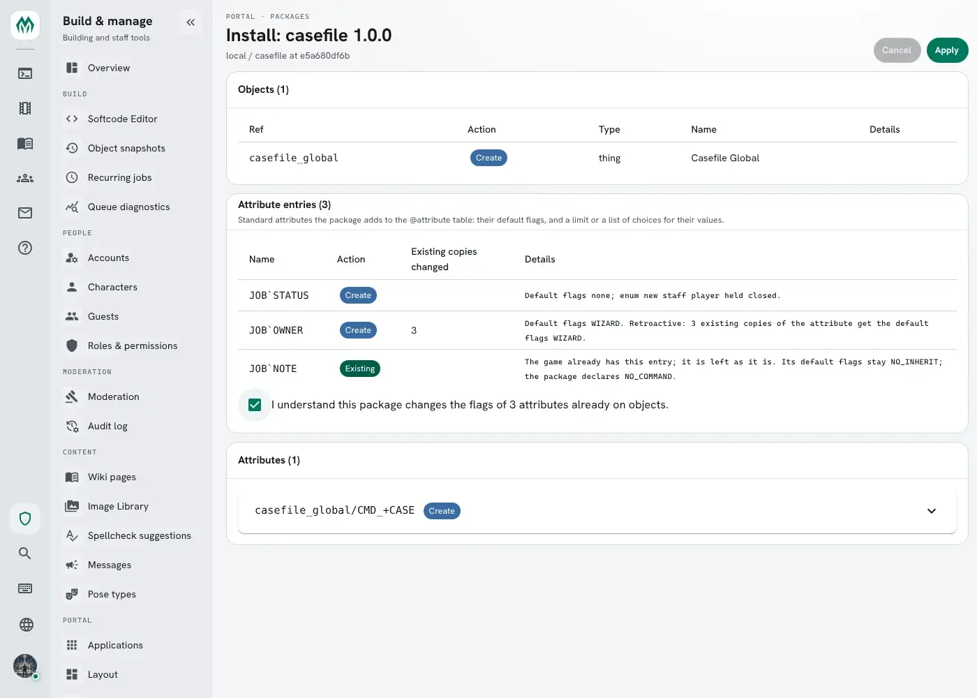 The review screen's Attribute entries card: JOBSTATUS and JOBOWNER are created, JOBOWNER changes 3 existing copies to the default flags WIZARD, JOBNOTE is the game's and stays as it is, and the confirmation box above Apply is ticked