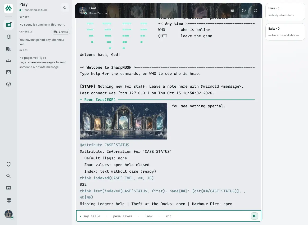 The portal terminal after installing casebook: @attribute CASESTATUS shows its enum and its index as ready, indexed(CASELEVEL, >=, 10) finds Harbour Fire, and the CASE`STATUS index lists each case with its status, held before open