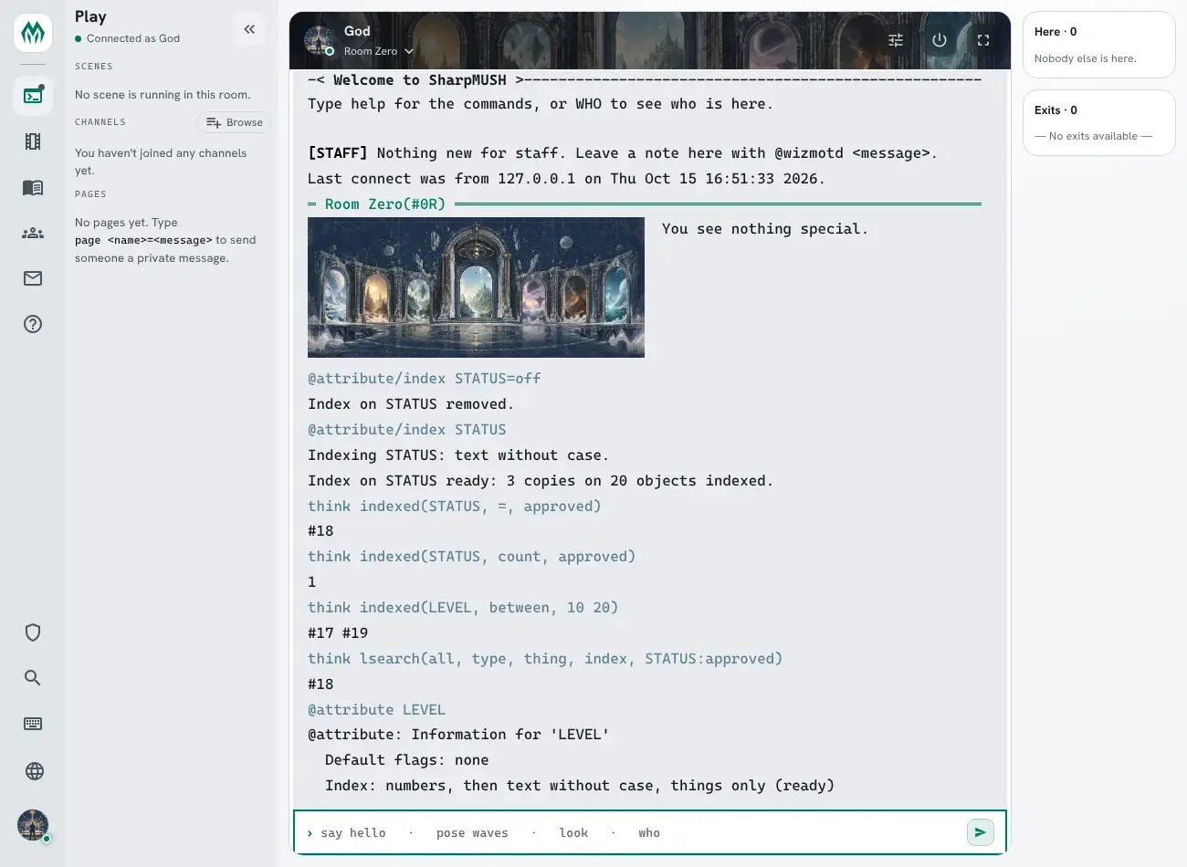 The portal terminal: @attribute/index STATUS builds the index, indexed() finds the approved case and counts it, indexed(LEVEL, between, 10 20) lists #17 and #19, lsearch with the INDEX class finds the same case, and @attribute LEVEL shows its index as ready
