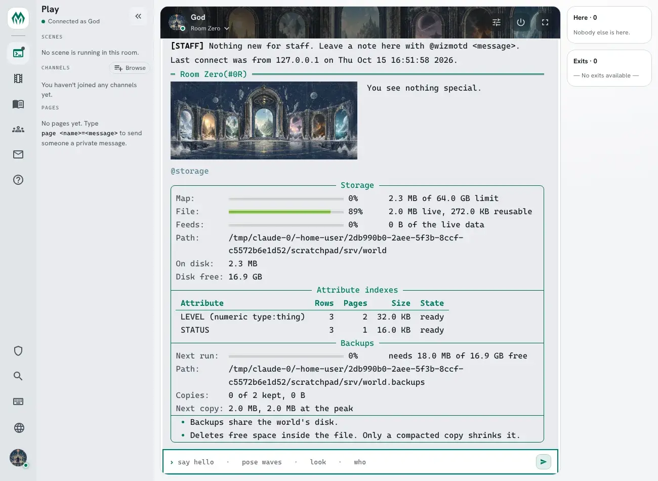 @storage in the portal terminal: the Attribute indexes section lists LEVEL (numeric type) with 3 rows, 2 pages, 32.0 KB, ready, and STATUS with 3 rows, 1 page, 16.0 KB, ready