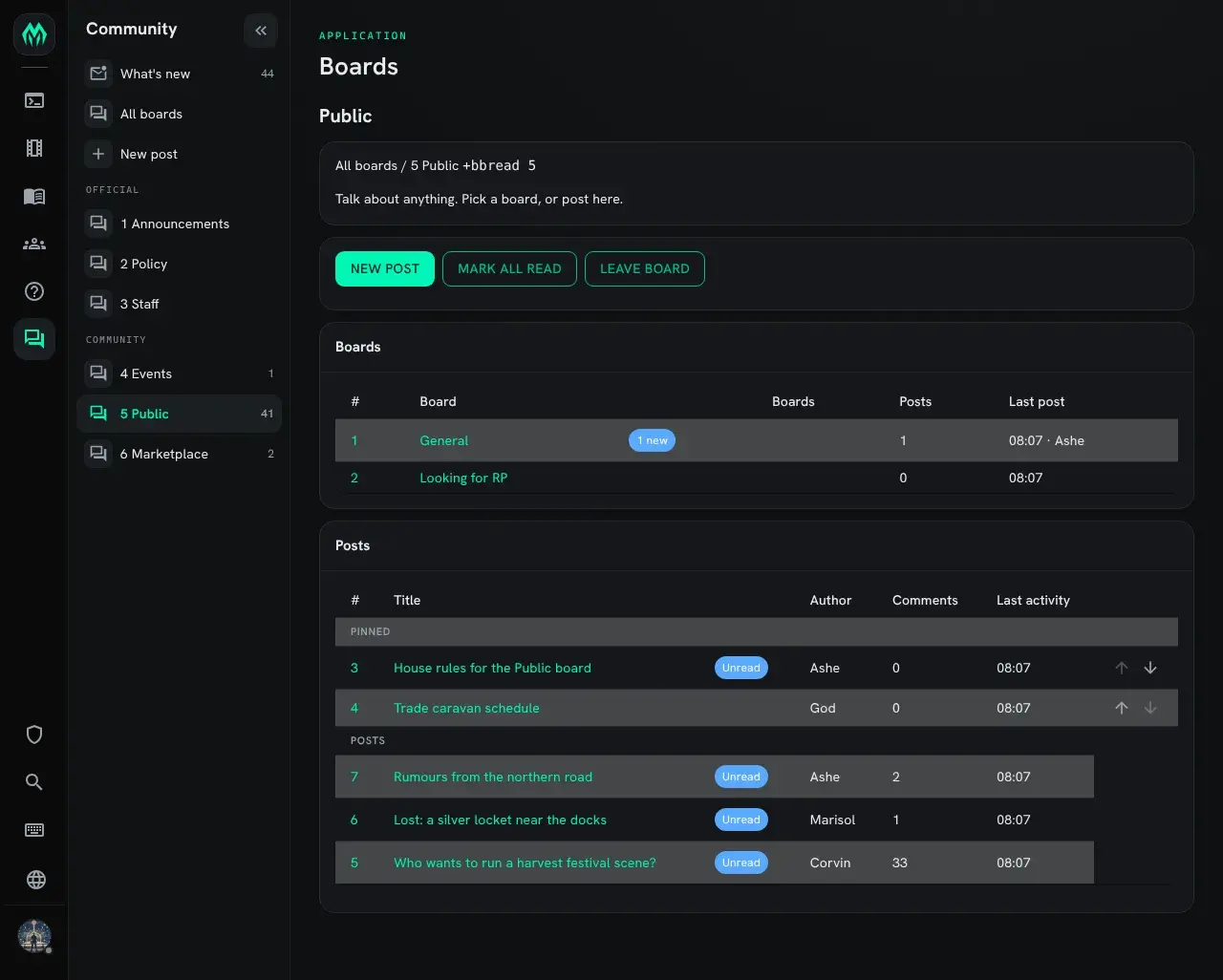 The Public board in the portal: New post, Mark all read and Leave board buttons, its two sub-boards with a "1 new" badge, and its posts in a table with Pinned posts above the rest