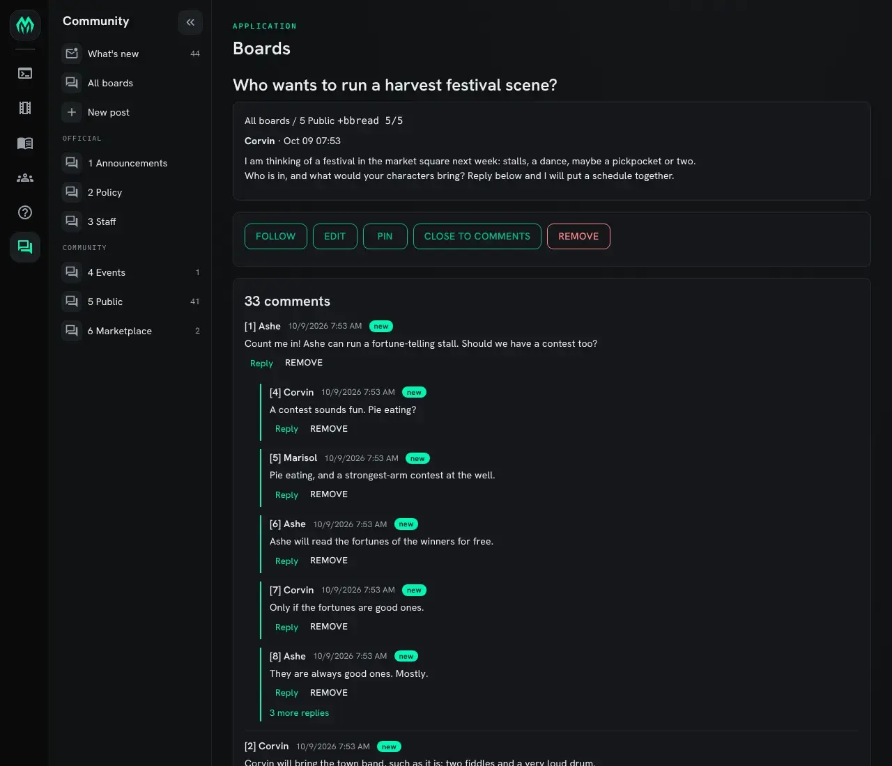 A post with its buttons above it, and its comments as conversations: a reply sits indented under the comment it answers, and "3 more replies" links to the rest