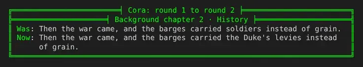 +app/diff Cora: Background chapter 2, what it said in round 1 and what it says in round 2