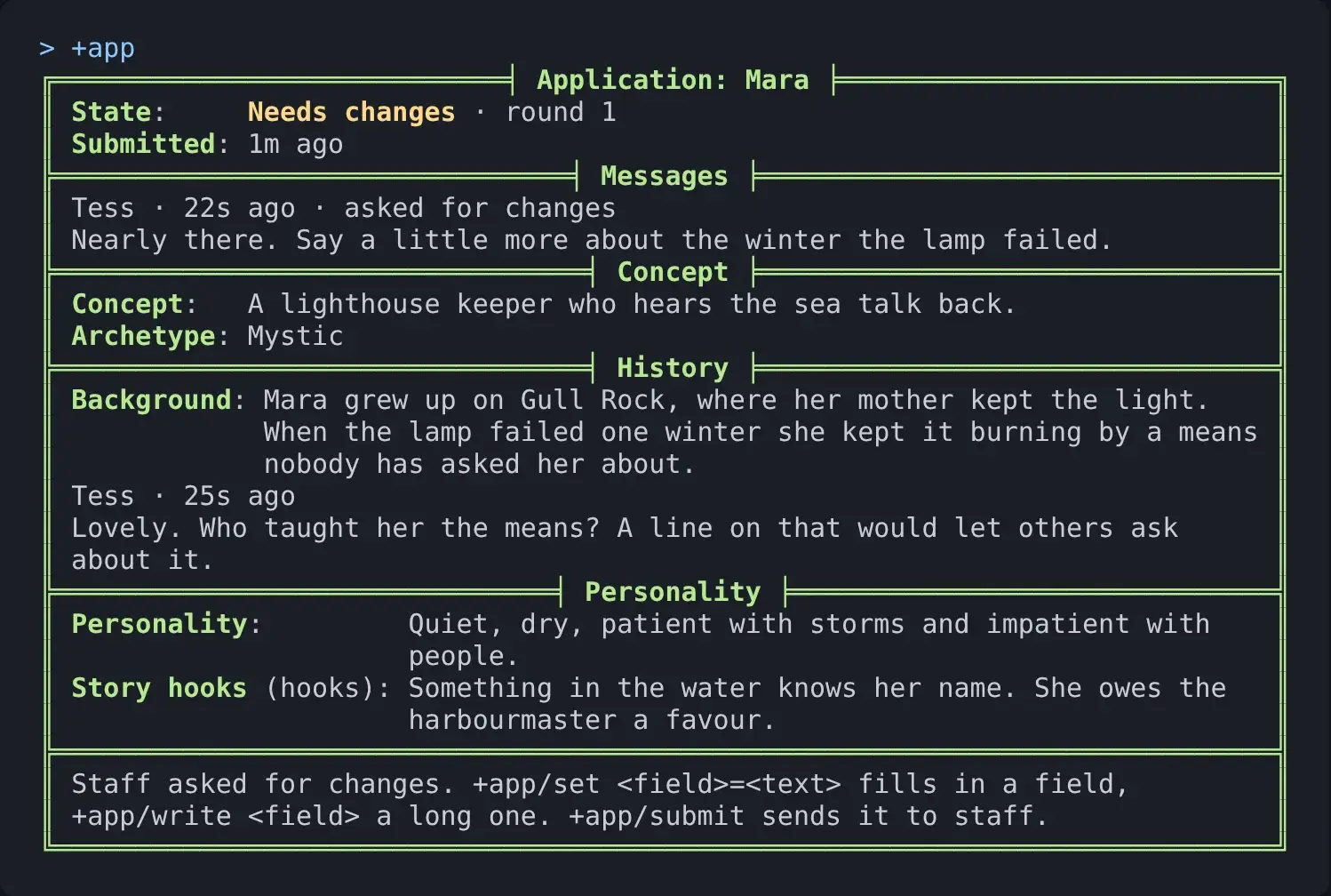 +app for an application staff sent back: the message asking for changes at the top, and a comment under the History section