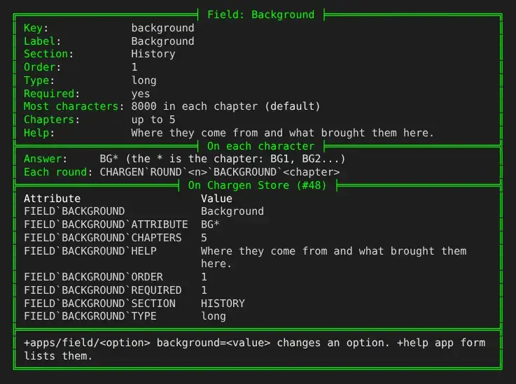 +apps/field background: its options, BG* as the answer's attribute with each round's, and a table of its attributes on the Chargen Store