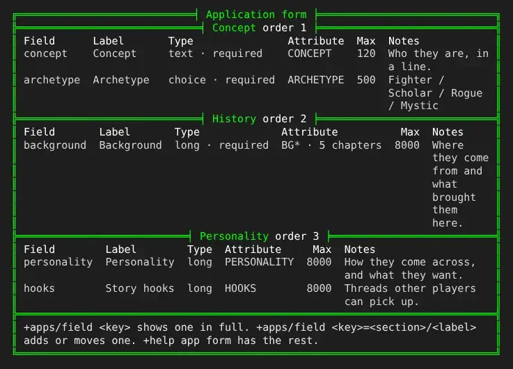 +apps/fields: the Concept, History and Personality sections, each a table of its fields with their type, attribute, most characters and notes