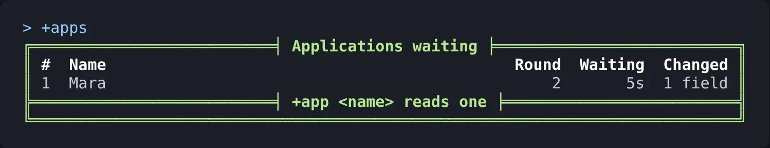 +apps listing Mara in round 2, waiting 5 seconds, with 1 field changed