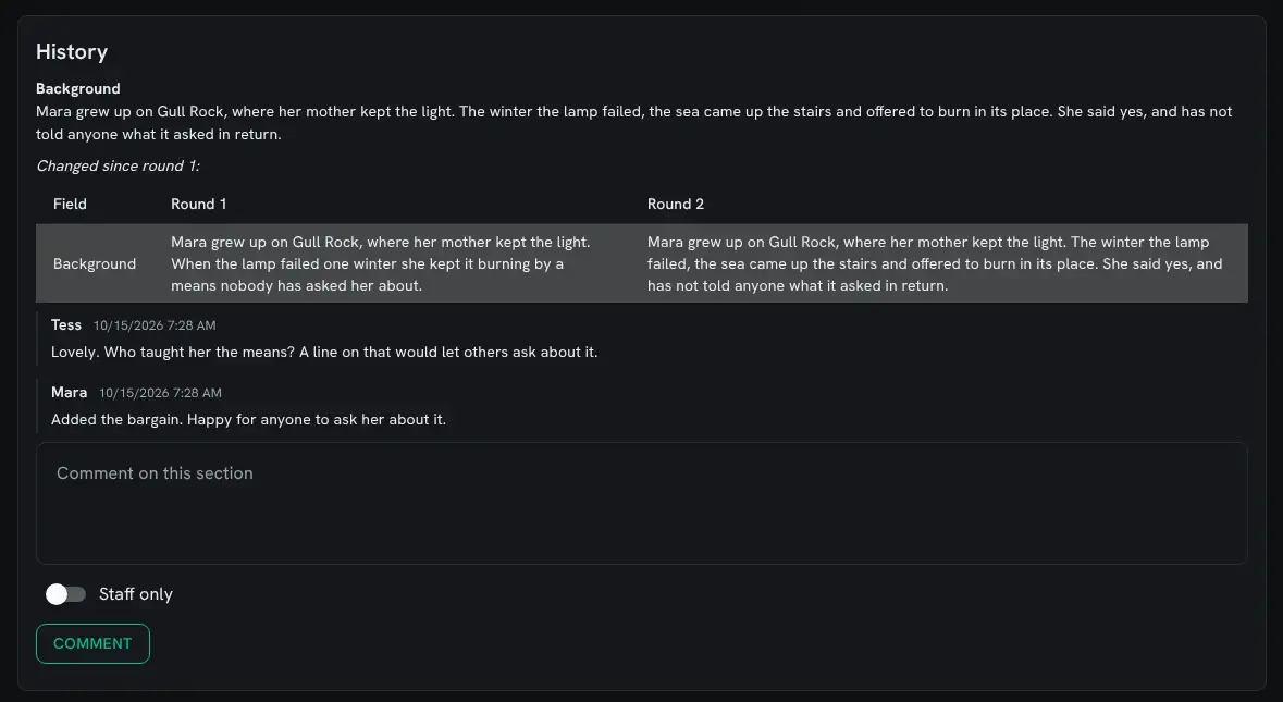 The History section of a reviewer's page: the Background answer, a table with its round 1 and round 2 text side by side, and the comments under it