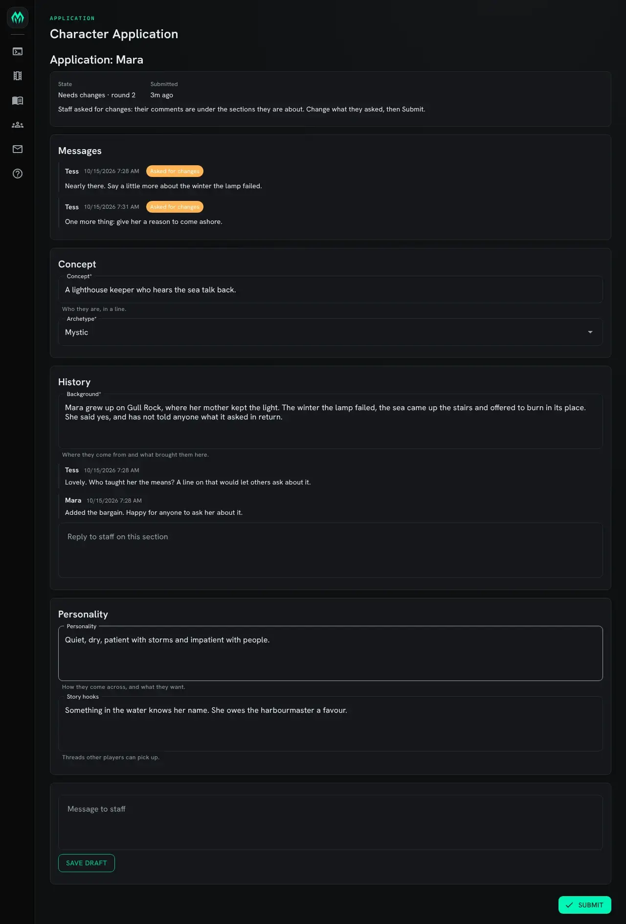 The portal form for an application in Needs changes: two messages from staff at the top, the fields of each section, and a staff comment with a reply box under History