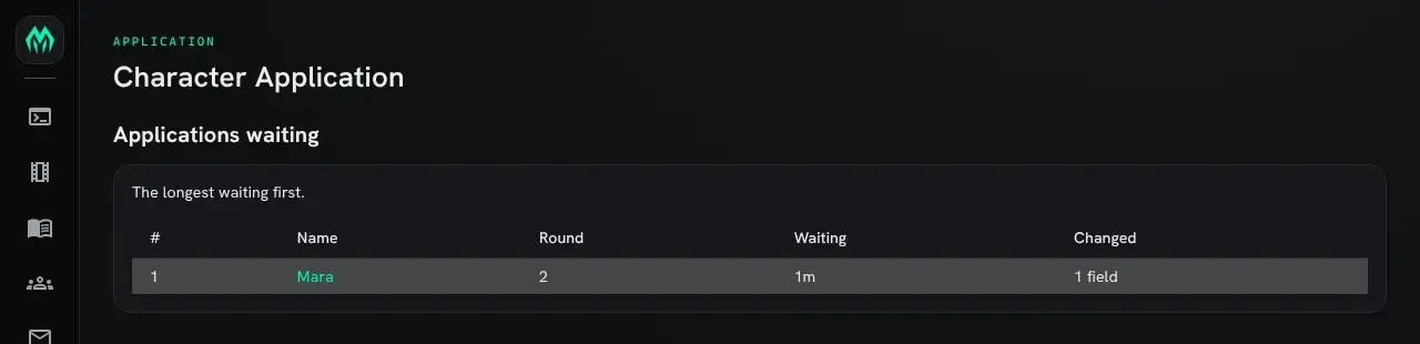 The portal queue: one row for Mara, round 2, waiting 1 minute, 1 field changed