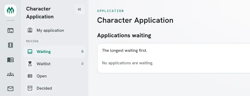 The Character Application page with its sidebar: My application, then under Review the Waiting, Waitlist, Open and Decided lists