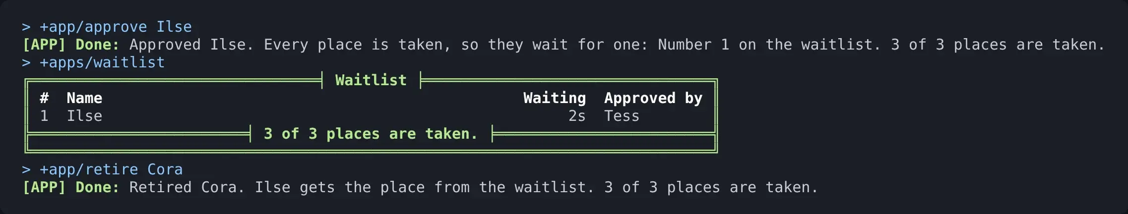 +app/approve Ilse puts her first on the waitlist; +app/retire Cora gives Ilse the place