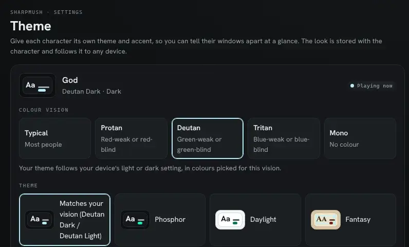 The Theme settings page with Deutan chosen under Colour vision. The theme list below starts with "Matches your vision (Deutan Dark / Deutan Light)".