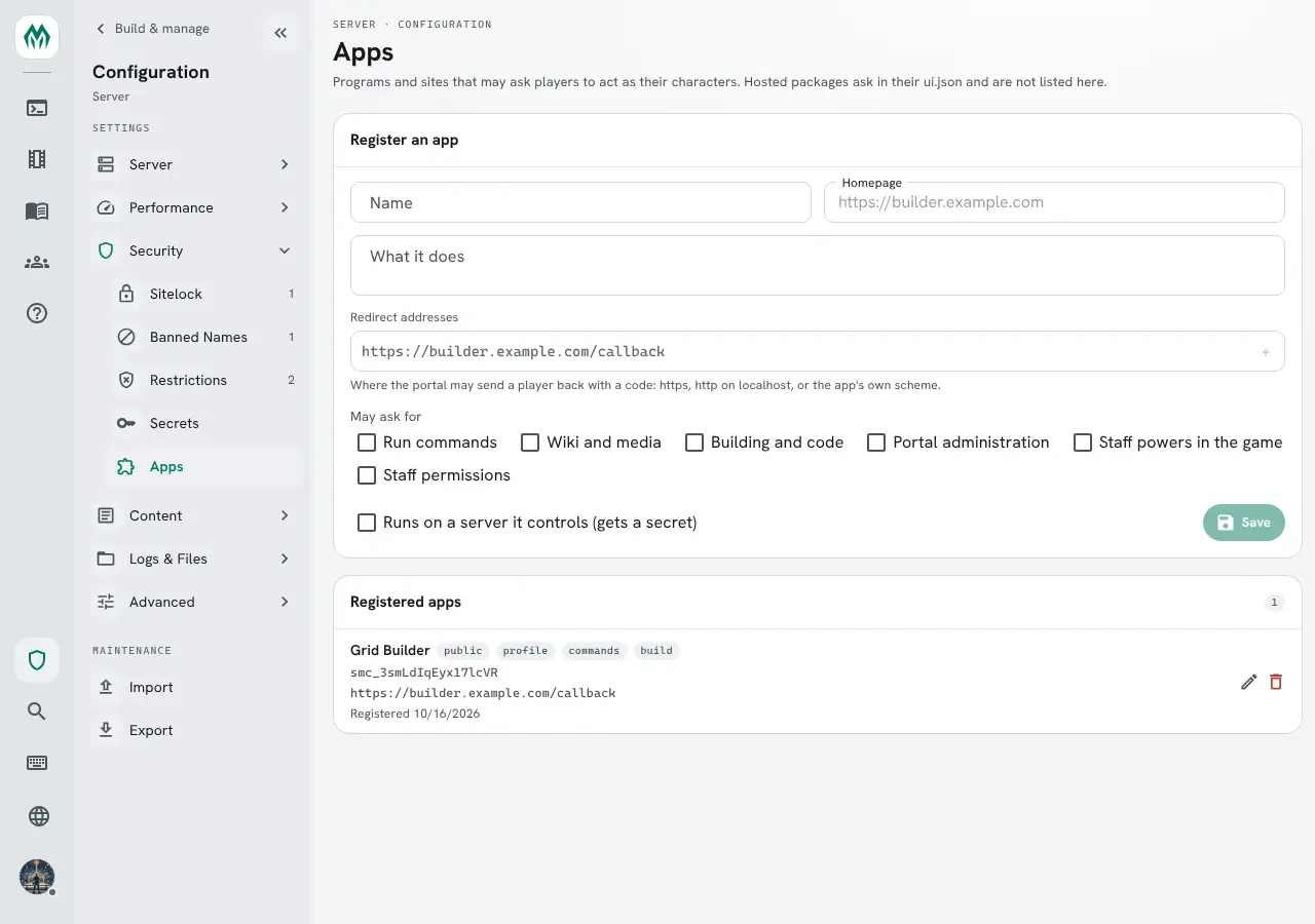 The Apps page under Security in the configuration pages: the Register an app form with name, homepage, what it does, redirect addresses and the scopes it may ask for, and Grid Builder in the list of registered apps.