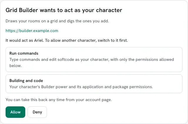 The Allow an app page: Grid Builder wants to act as your character. It would act as Ariel. It asks to run commands and for building and code, with Allow and Deny buttons.