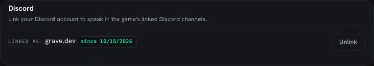 The account page's Discord section: linked as grave.dev since 10/15/2026, with an Unlink button