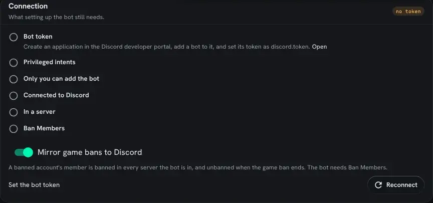 The Connection card with Mirror game bans to Discord switched on, and a Ban Members step added to the checklist.