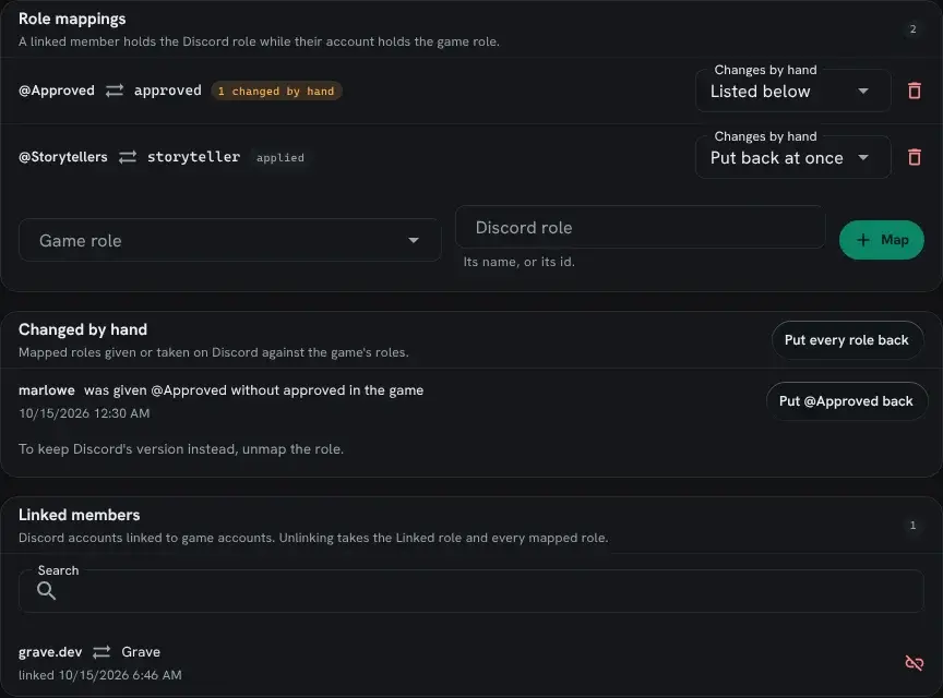 The Role mappings card maps @Approved to approved, listing changes made by hand, and @Storytellers to storyteller, putting them back at once. Changed by hand shows that marlowe was given @Approved without approved in the game, and Linked members lists grave.dev linked to Grave.