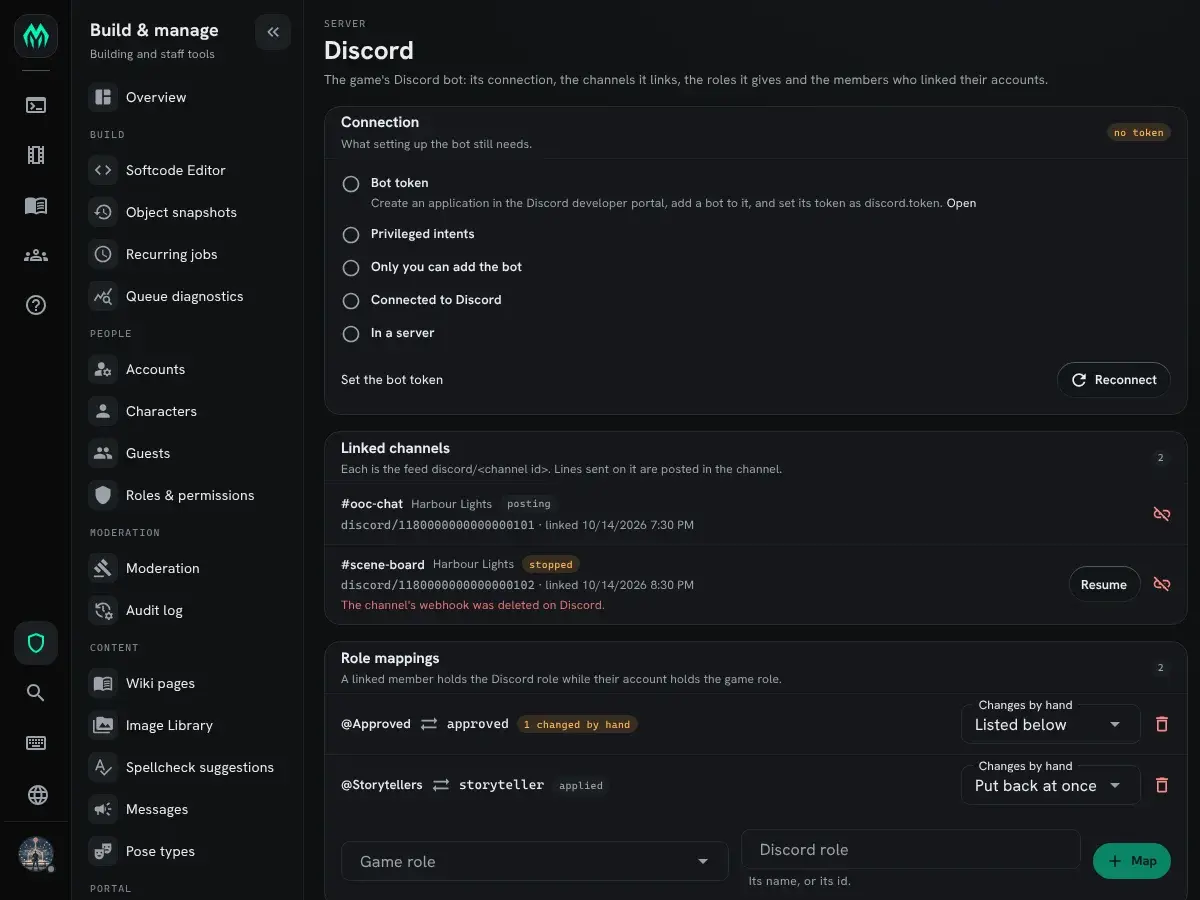 The Discord page: the Connection card lists the setup steps still to do, starting with the bot token, and Linked channels shows #ooc-chat posting and #scene-board stopped because its webhook was deleted, with a Resume button.