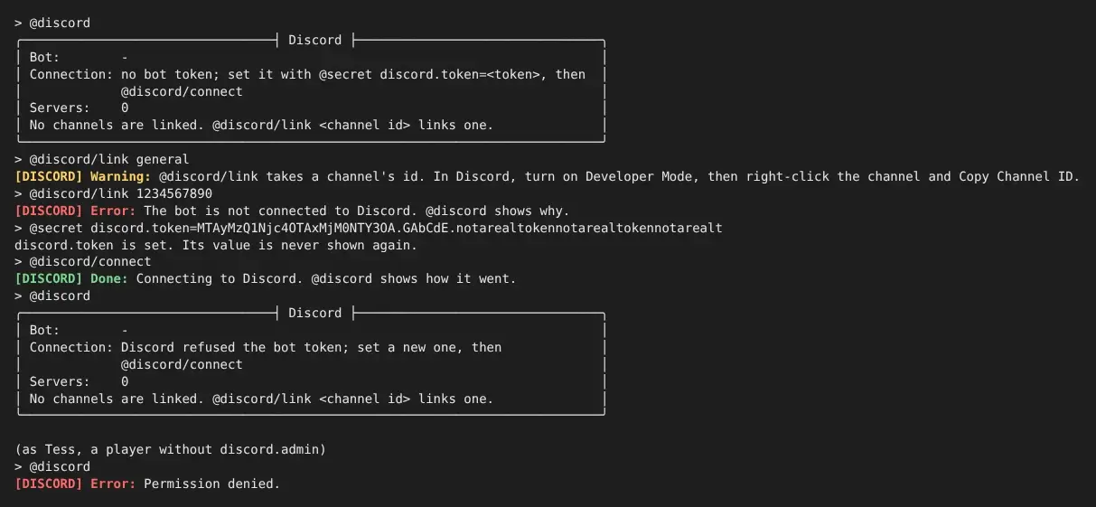 @discord before a token is set, a channel name refused because it is not an id, a link refused while the bot is not connected, a token Discord refused, and a player without discord.admin refused