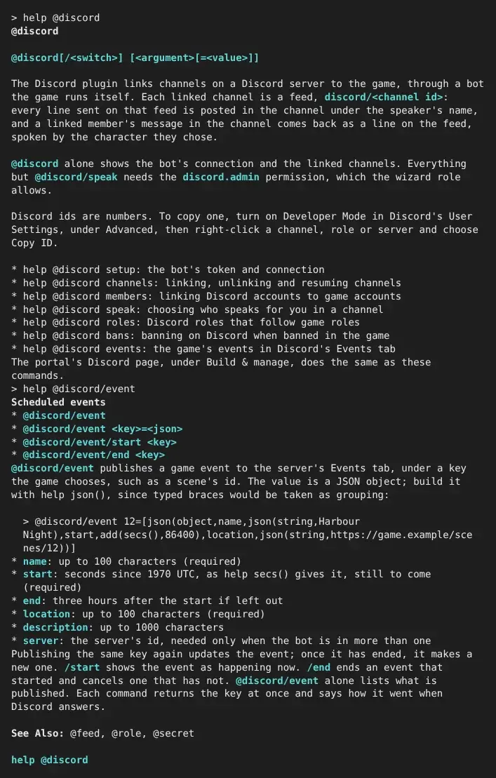 help @discord lists its topics, from setting up the bot to scheduled events, and help @discord/event shows the switches, a json() example and the event's fields.
