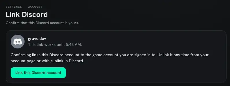 The Link Discord page: the Discord user grave.dev, the time the link stops working, and a Link this Discord account button