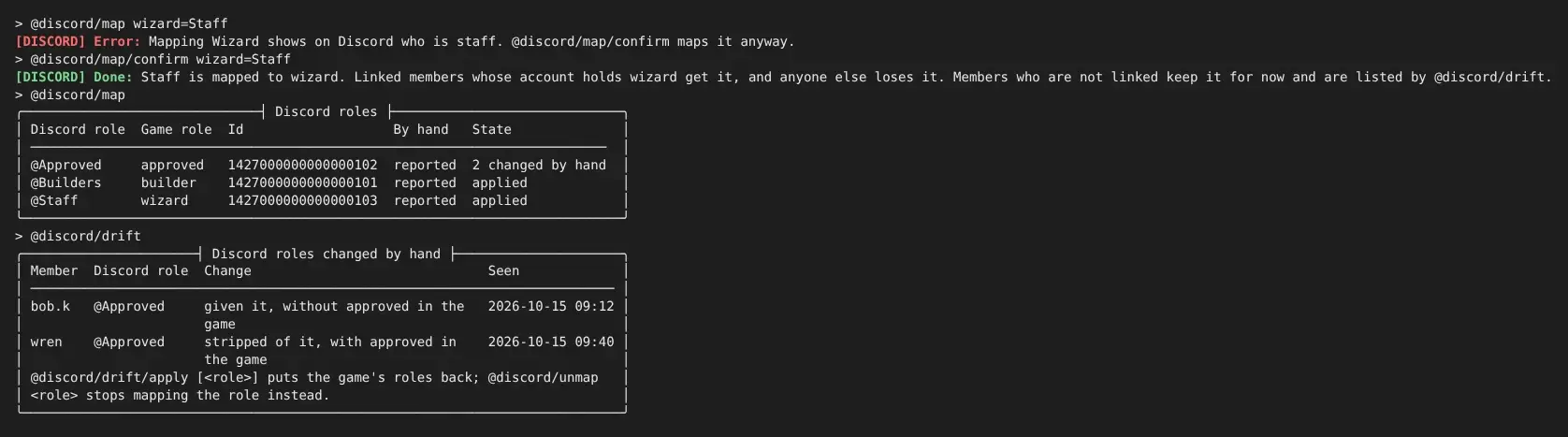 @discord/map wizard=Staff is refused until /confirm is given, @discord/map lists the Approved, Builders and Staff roles with their game roles, and @discord/drift shows that bob.k was given Approved by hand without approved in the game, and wren was stripped of it while holding approved.
