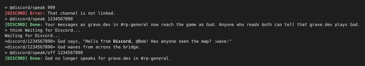@discord/speak refused for a channel that is not linked, then chosen for #rp-general. Two messages posted in Discord arrive on the feed as God says "Hello from Discord, @Bob! Has anyone seen the map? :wave:" and God waves from across the bridge. @discord/speak/off then stops it.