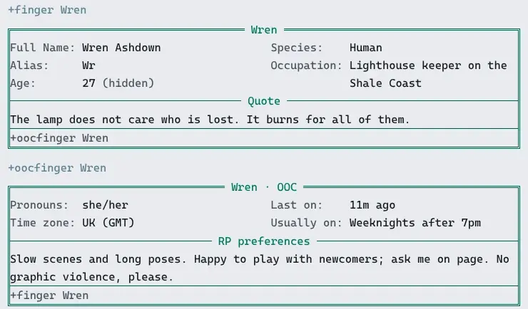 Wren's +finger and +oocfinger in the portal's Play page: each a bordered card with the fields in two columns, and the quote and RP preferences under their own headings