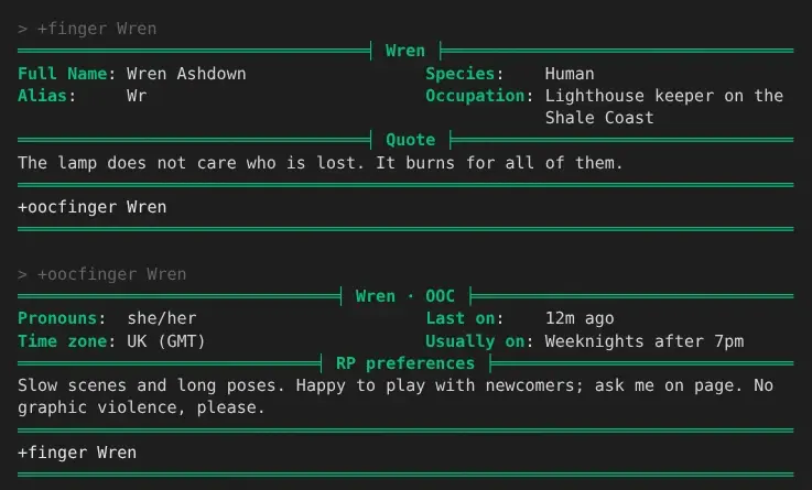 The same two profiles in a terminal: green rules with the name set into the top one, labels in green and values in white