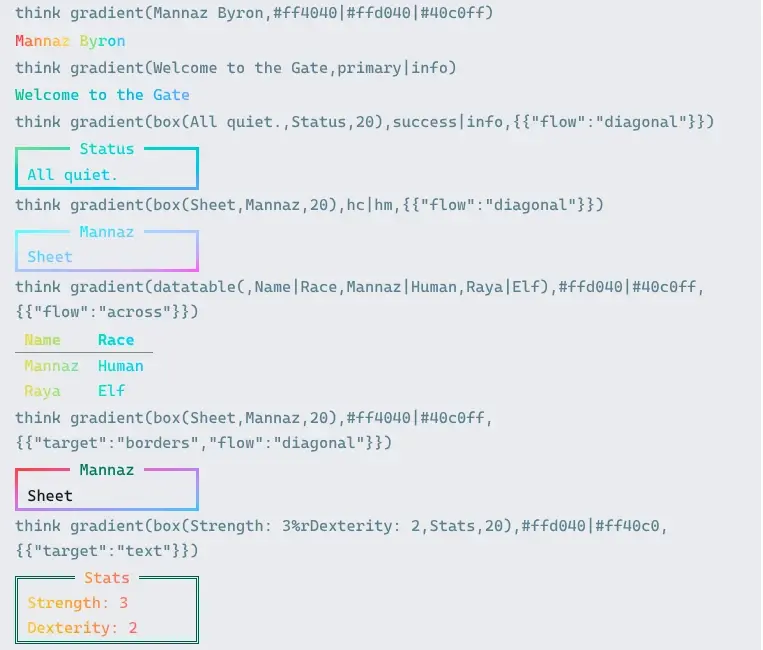 The examples in the web portal's terminal: the boxes are drawn as cards with gradient borders, and the text is clipped to the gradient