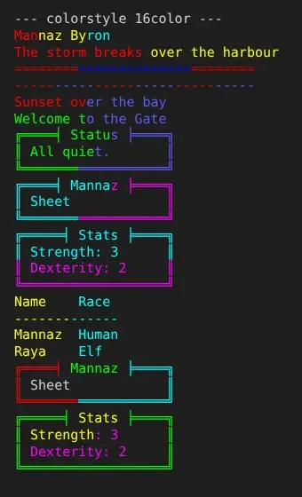 The same examples in a sixteen-colour client: each one is in bands of the colours it names, such as a cyan upper left and a magenta lower right on the shaded box