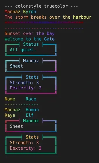 The gradient() help examples in a truecolour telnet client: a name running red through gold to blue, words from red to yellow, mirrored and repeated rules, a box shaded cyan to magenta corner to corner, a table shaded gold to blue across its columns, a box with only its border shaded and one with only its text shaded