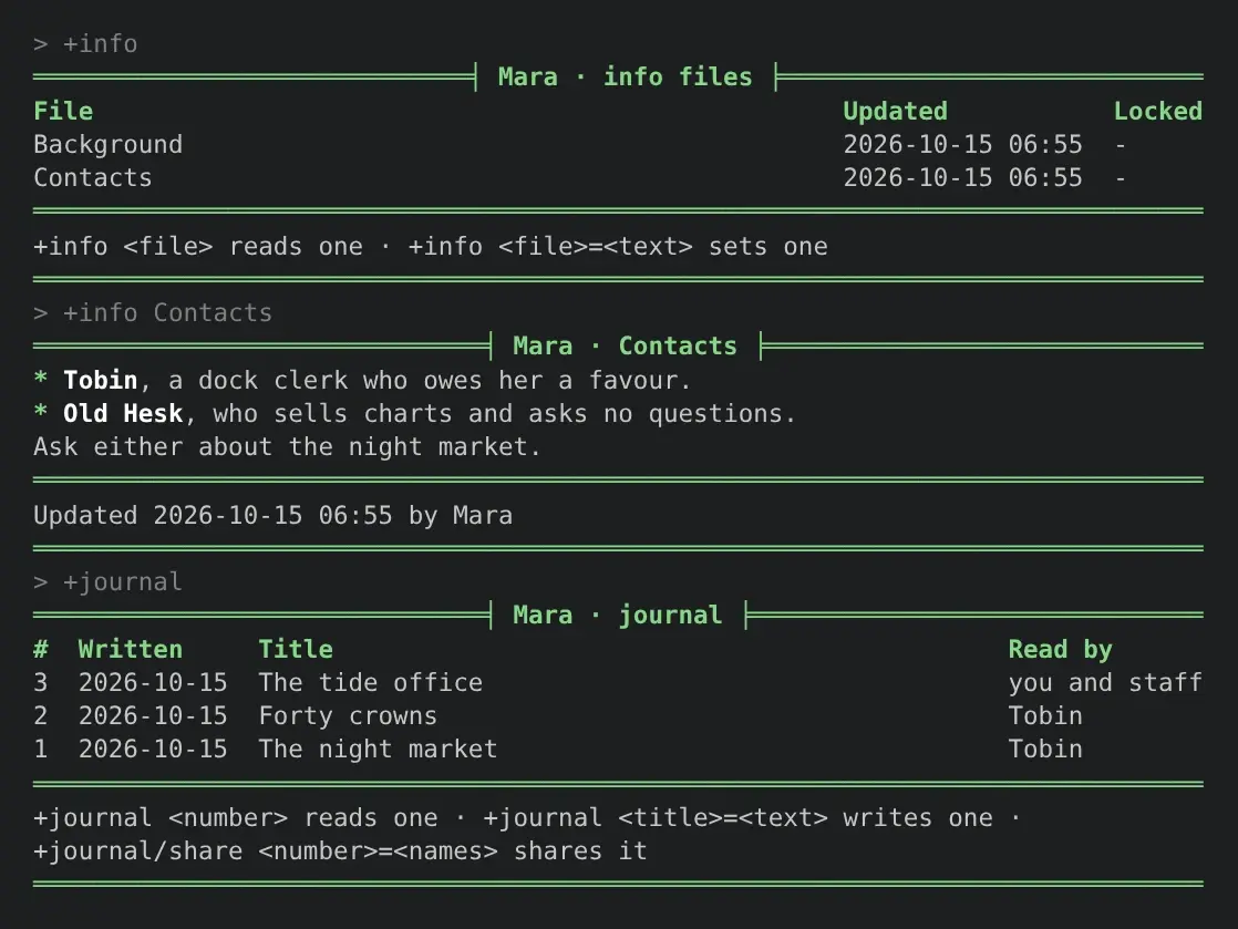 Mara's +info list, her Contacts file drawn from Markdown as a bulleted list, and her journal with the Read by column
