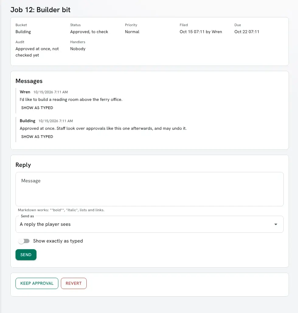 A job approved at once in the portal, with Keep approval and Revert buttons