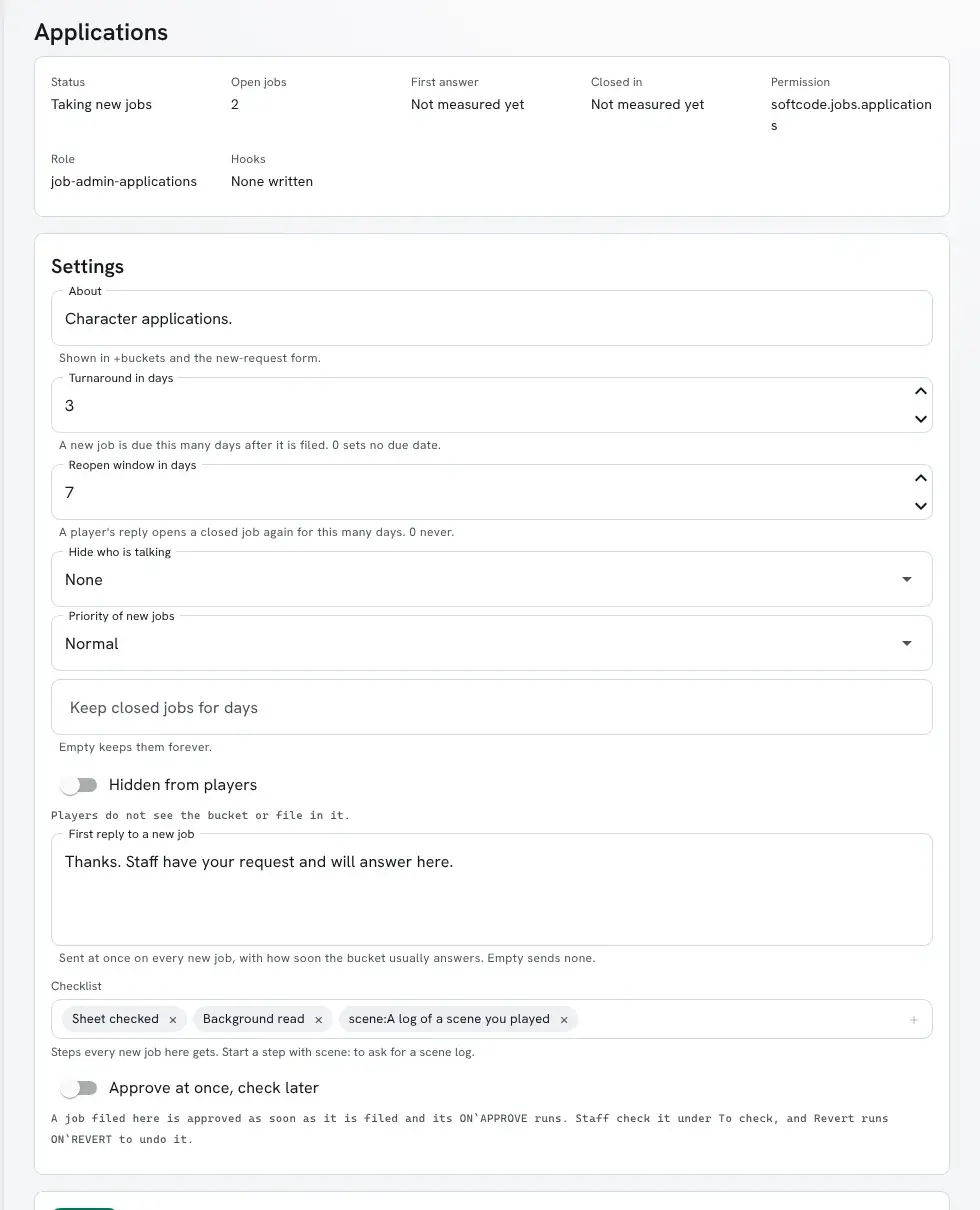 The Applications bucket's settings in the portal, with its checklist as three removable steps