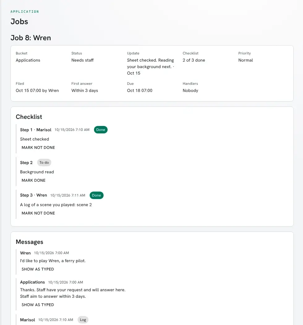 Job 8 in the portal: the job's fields, then its checklist with two steps done and one to do