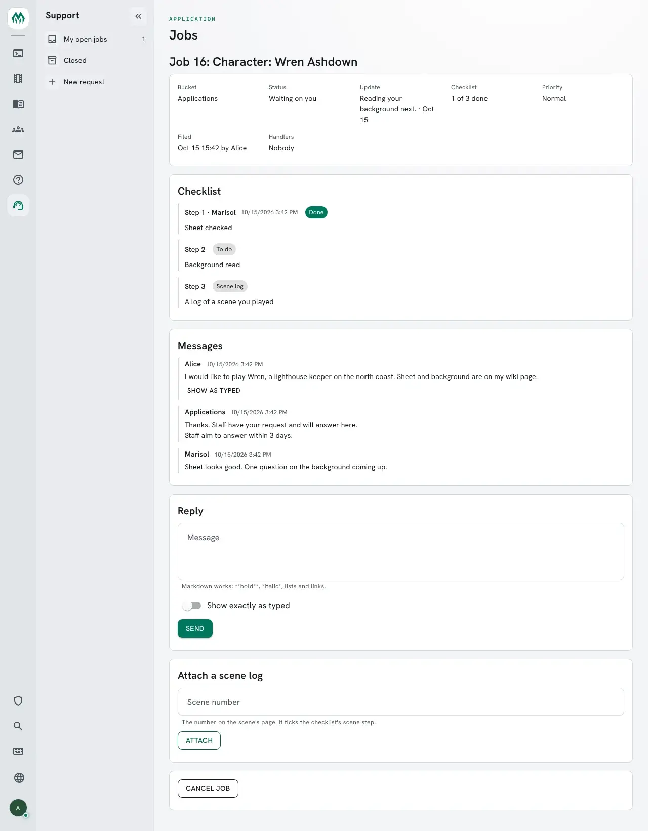 Job 16 as its player sees it in the portal: the Update line, the checklist, the bucket's first reply, and the Reply and Attach a scene log boxes