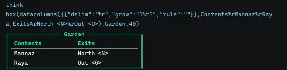 The portal terminal showing the Garden box: a framed table with the headings Contents and Exits over Mannaz, Raya and the exits North and Out