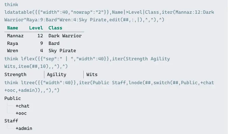 The portal terminal showing a table built by ldatatable(), three items side by side from lflex() and a tree of channels from ltree()