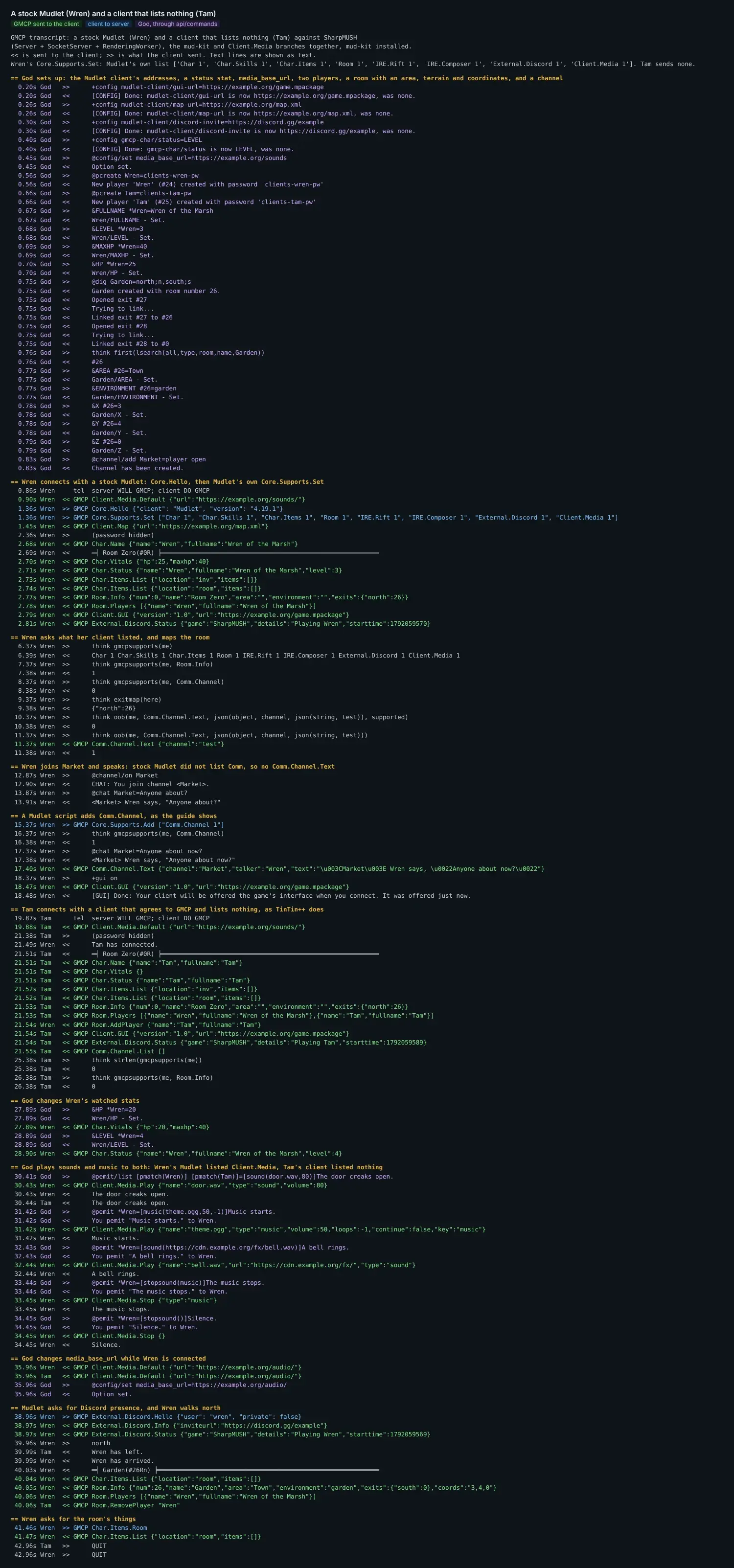 Transcript of the session: God's setup commands, Wren's stock Mudlet connecting and listing its modules, gmcpsupports(), exitmap() and oob() with and without supported, a channel line sent to the chat window only after Comm is added, Tam's client that lists nothing being sent every package, Char.Vitals and Char.Status after HP and LEVEL change, Client.Media.Play and Stop for Wren but not Tam, Client.Media.Default sent again when media_base_url changes, and Room.Info for the Garden with its area and coordinates