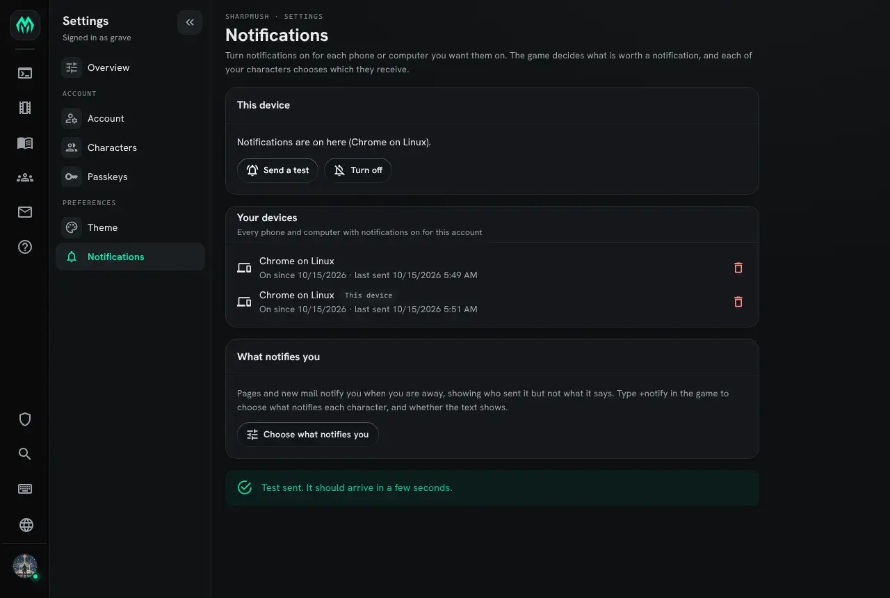 The Notifications page in Settings. This device has notifications on, with Send a test and Turn off. Your devices lists two browsers with when each was turned on and last sent a notification. What notifies you has a Choose what notifies you button. A note says the test was sent.