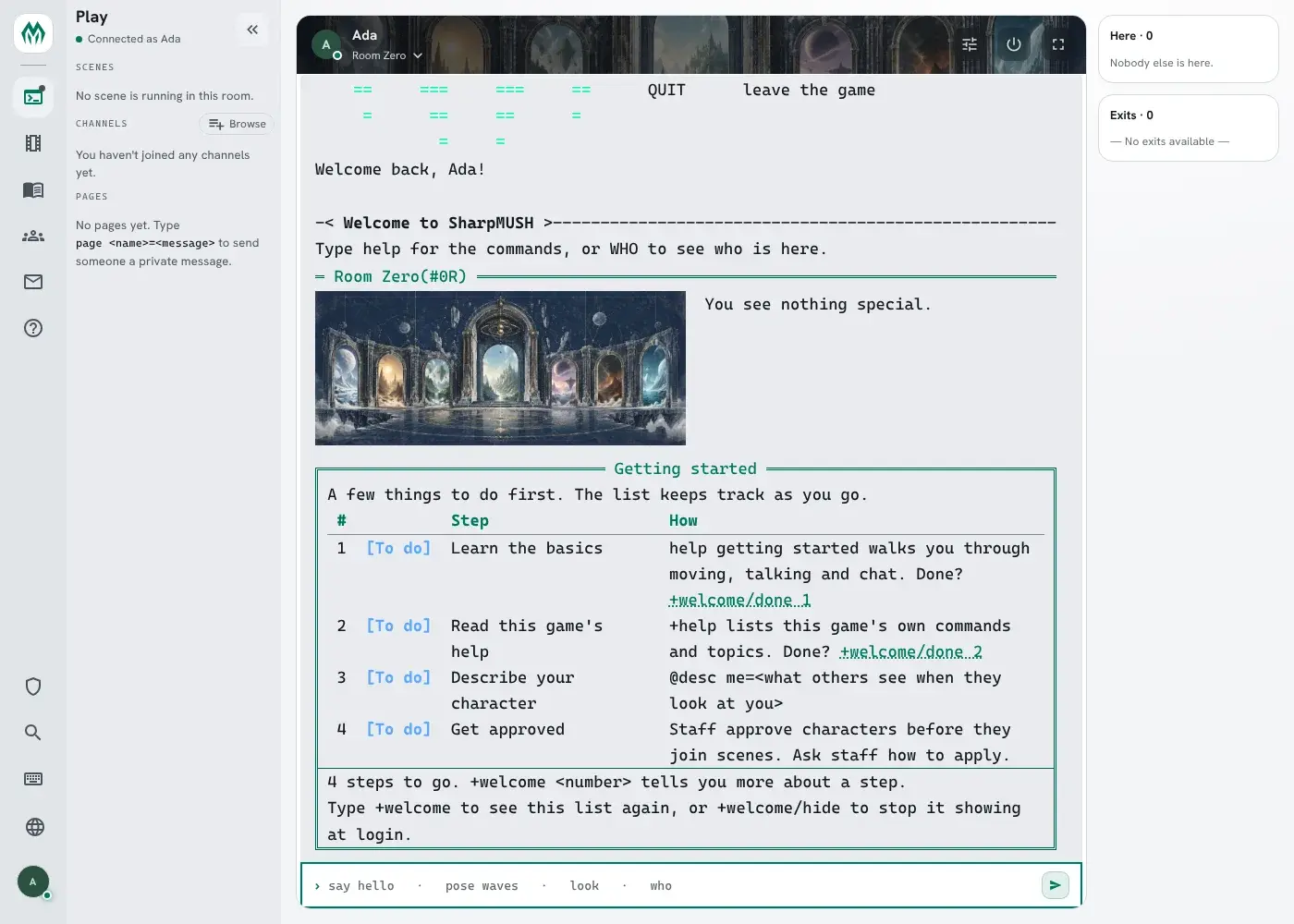 Ada logs in on the portal's terminal. Below the room, a box titled Getting started lists four numbered steps, each To do, with how to do it and a link to tick it off. The footer says 4 steps to go, that +welcome and a number tells you more about a step, and to type +welcome to see the list again.