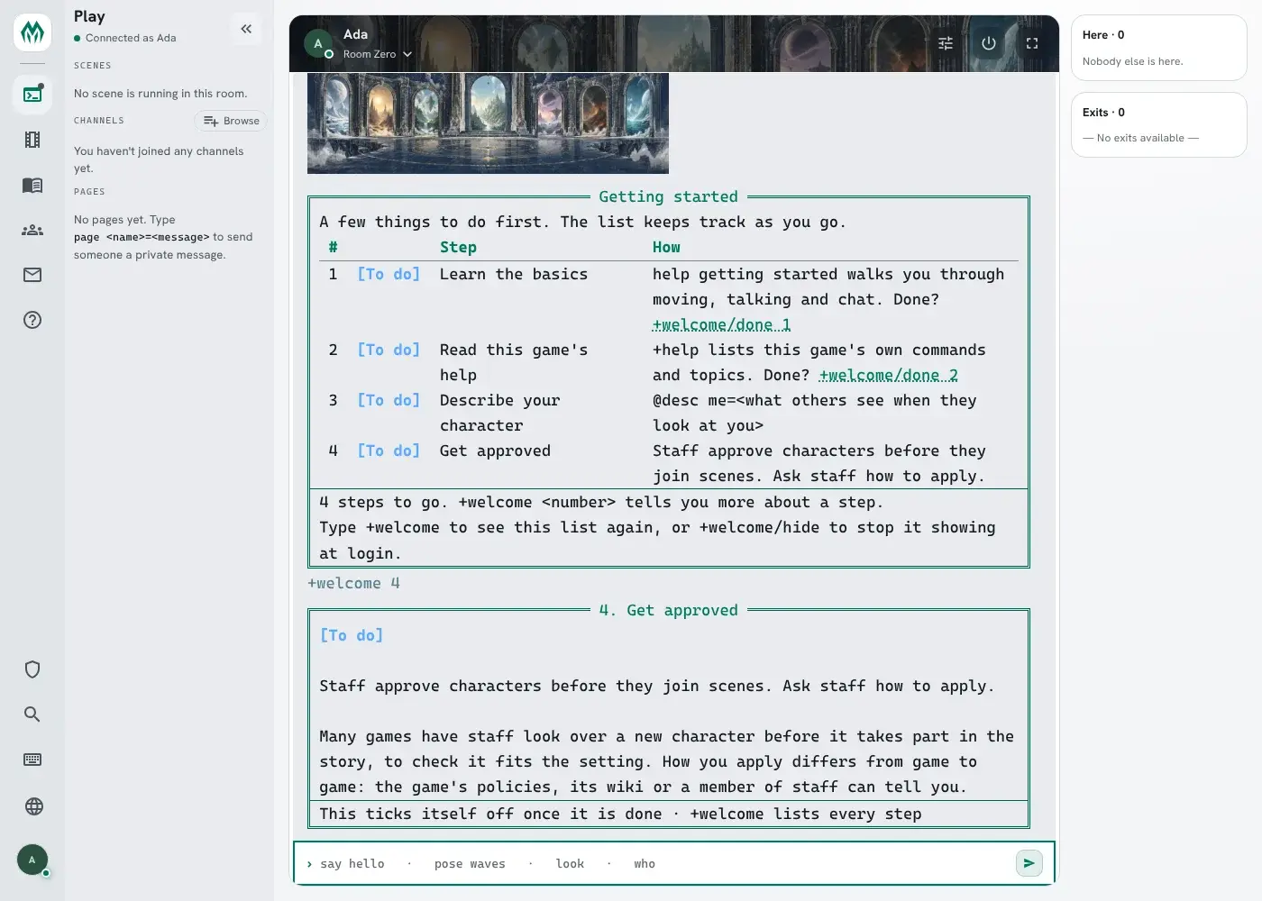 Ada types +welcome 4. A box titled 4. Get approved shows To do, the one-line hint, a paragraph on why games approve characters and where to ask how to apply, and a footer saying the step ticks itself off once it is done.