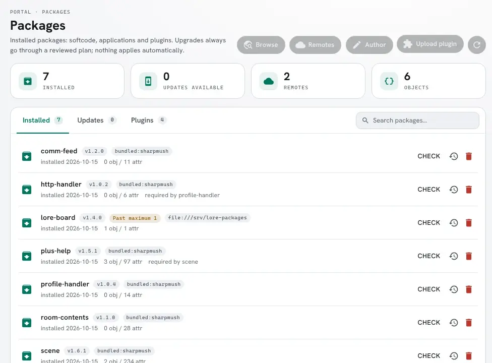 The Installed tab of the Packages page, where lore-board shows the tags v1.4.0 and Past maximum 1.