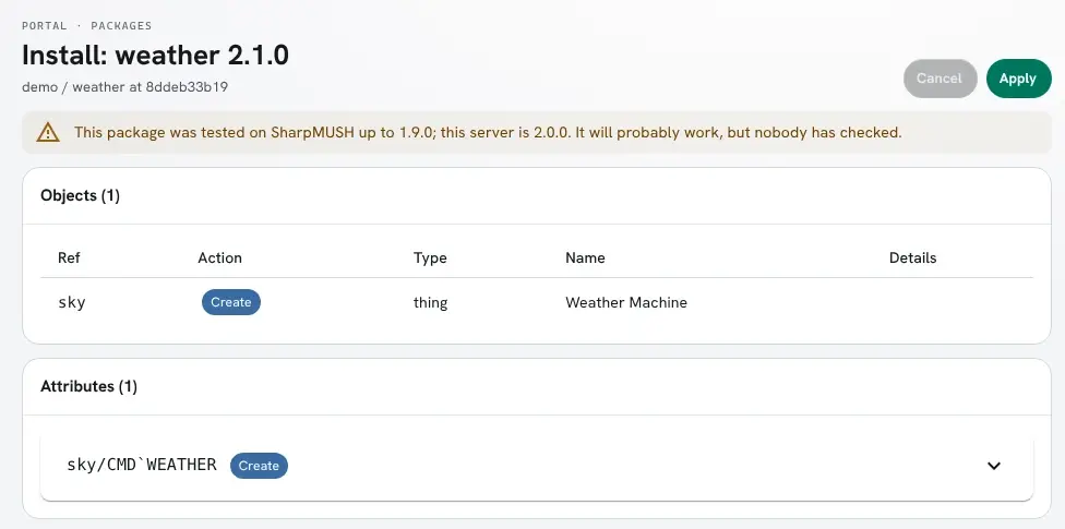 The review screen for weather 2.1.0, with a warning that it was tested on SharpMUSH up to 1.9.0 while the server is 2.0.0. Apply is available.