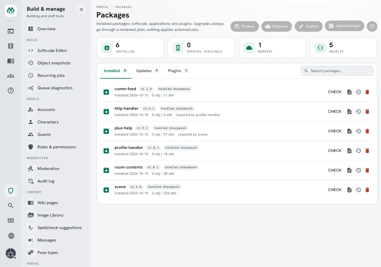 The Installed tab of the Packages page, each row with a README button between Check and the revision history